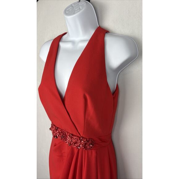 NEW Badgley Mischka Sleeveless Gown Womens 4 Red Jewel Floral Accent Ruffle Slit - Picture 5 of 12